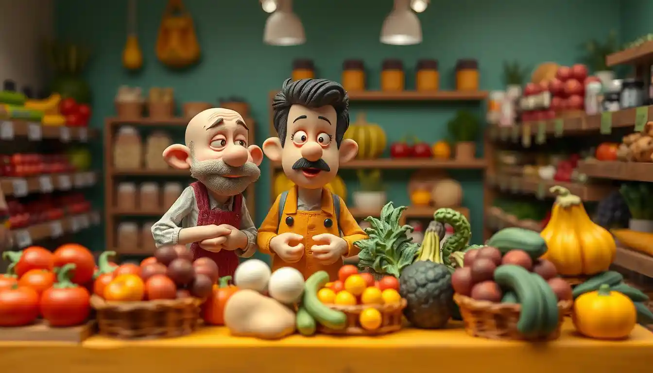 Claymation fruit and vegetable shopkeeper in a small store