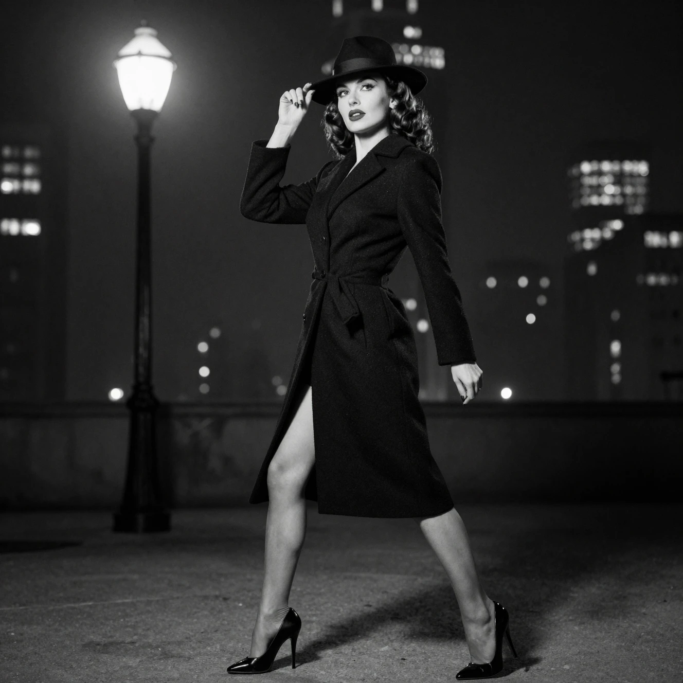 Mysterious woman in coat and fedora on noir city street