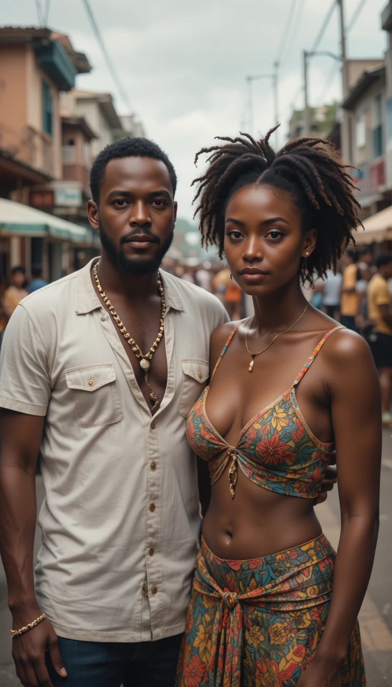 Man and woman on a lively Kingston Jamaica street