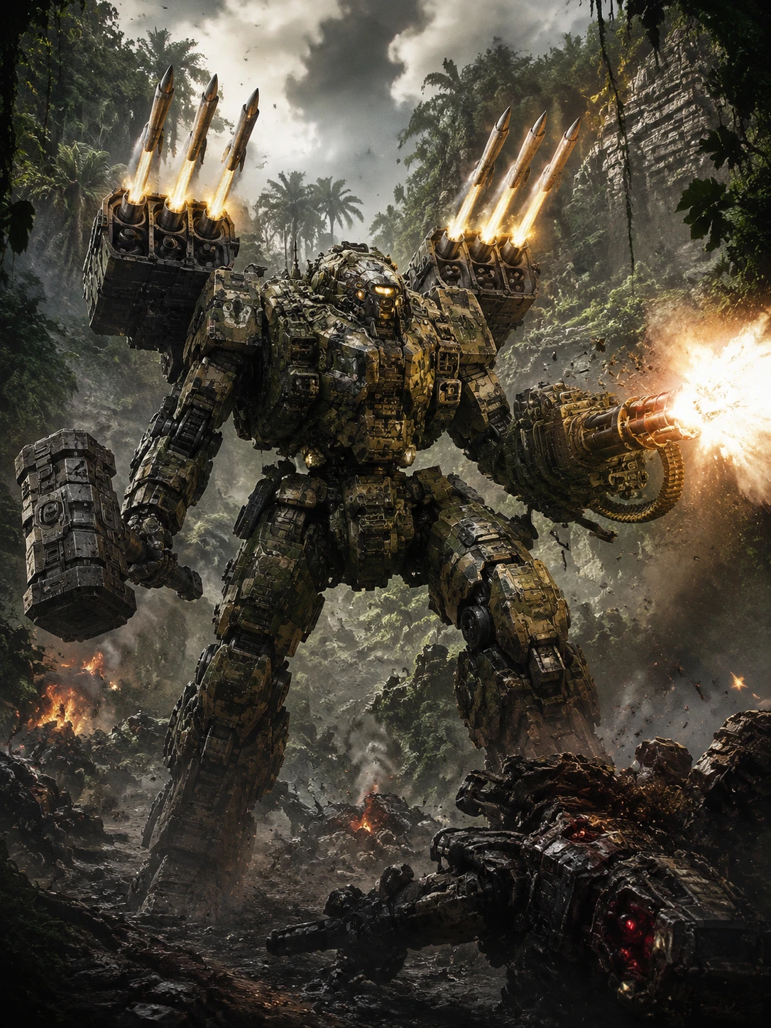 Battle scarred mech warrior firing in dense jungle