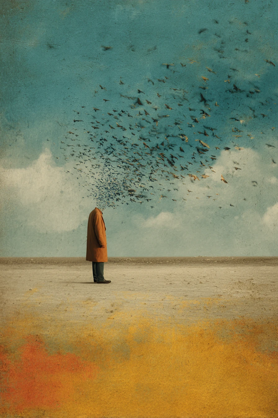 Surreal desolate landscape in deep rich indigo and turquoise tones