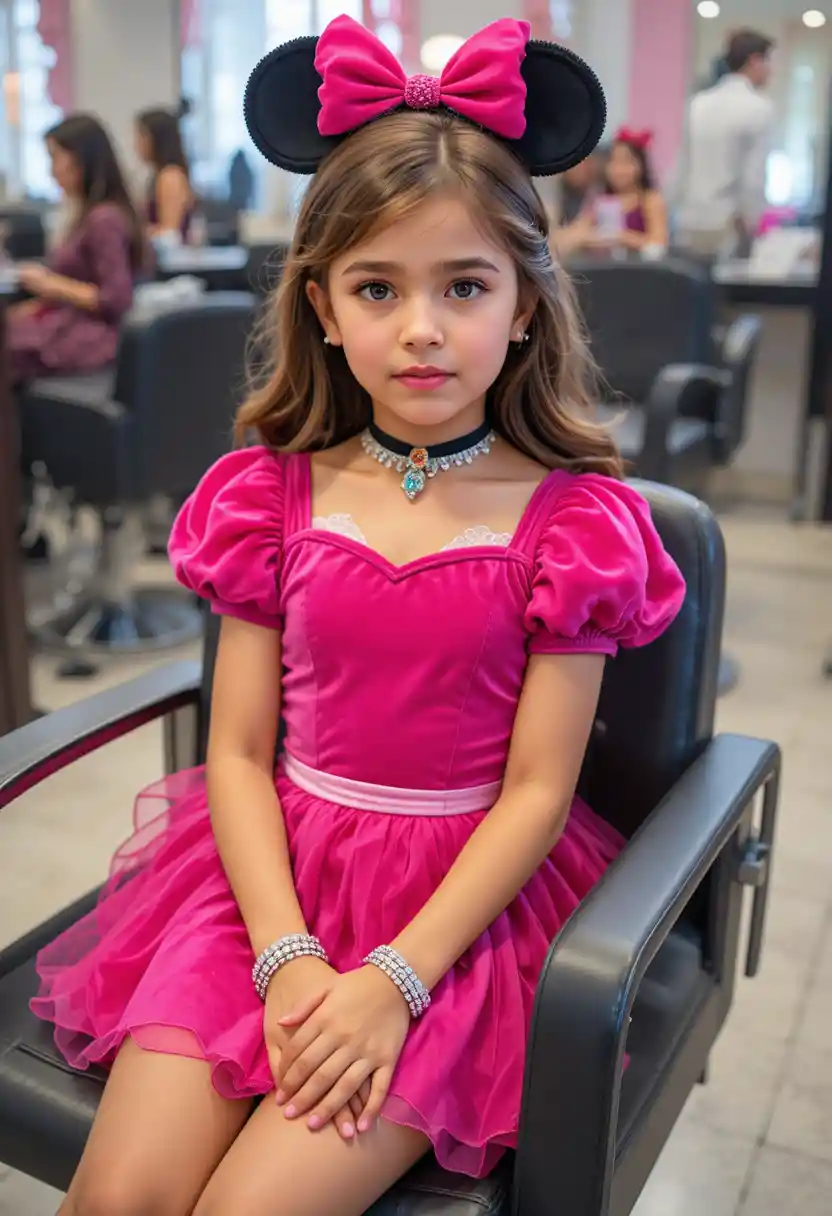 Nervous young girl in pink Minnie dress at salon