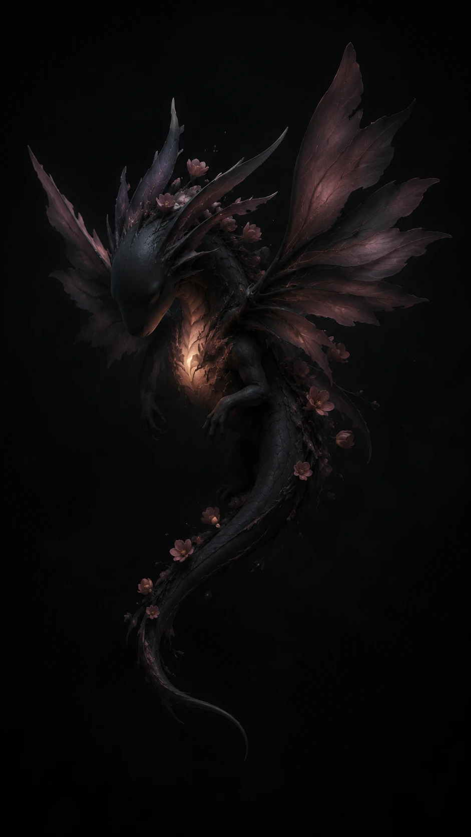 Small Eyeless Dragon With Petal Wings In Dark Silence