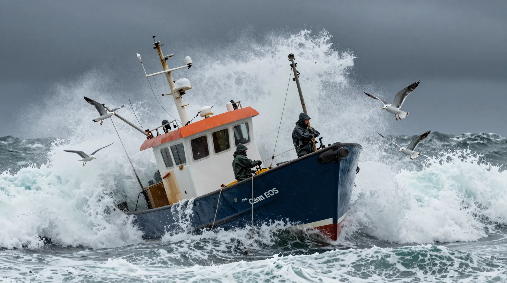 Fishing boat battling rough storm waves with two fishermen
