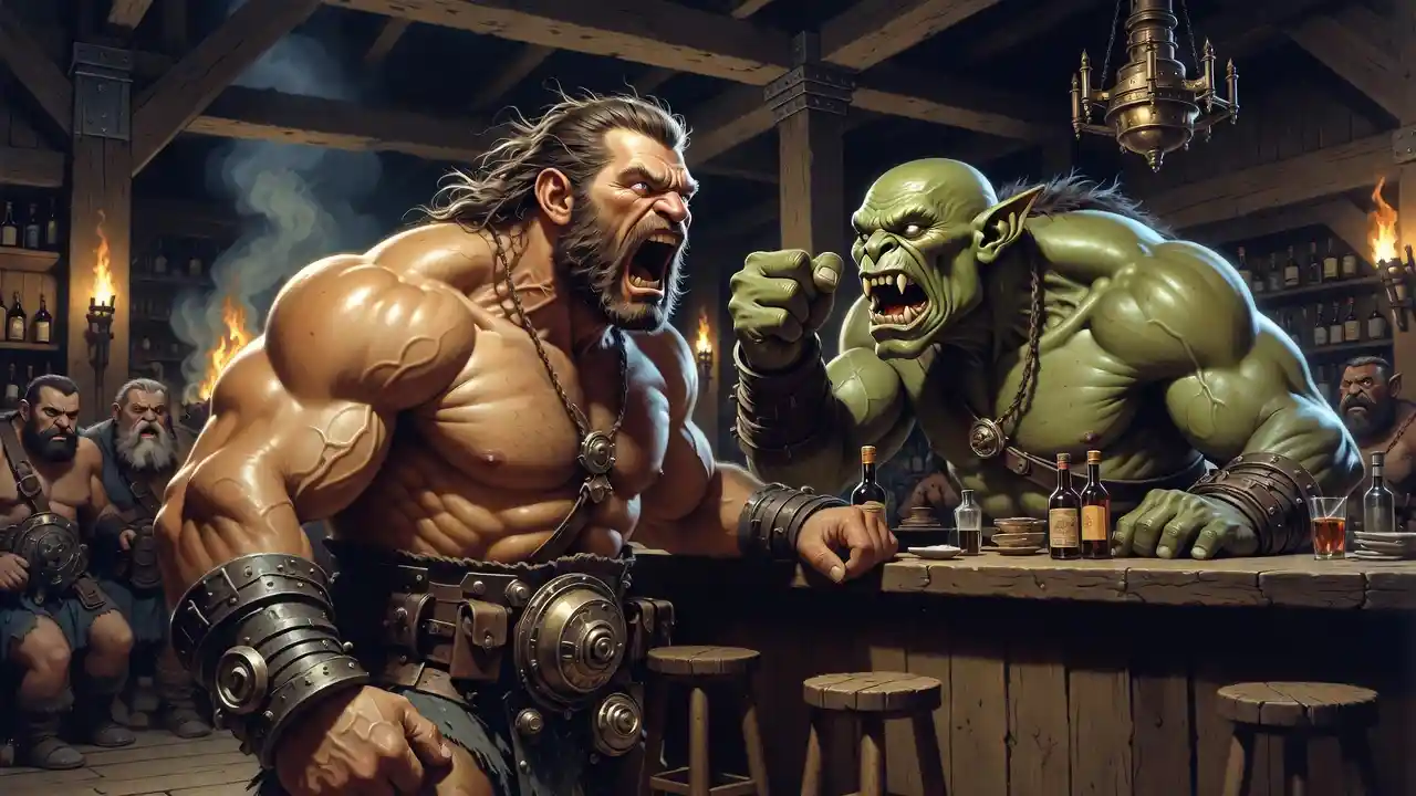 Barbarian warrior shouting at orc in rustic tavern