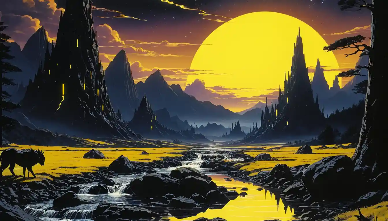 Futuristic sci fi landscape with rocky forest mountains at sunset
