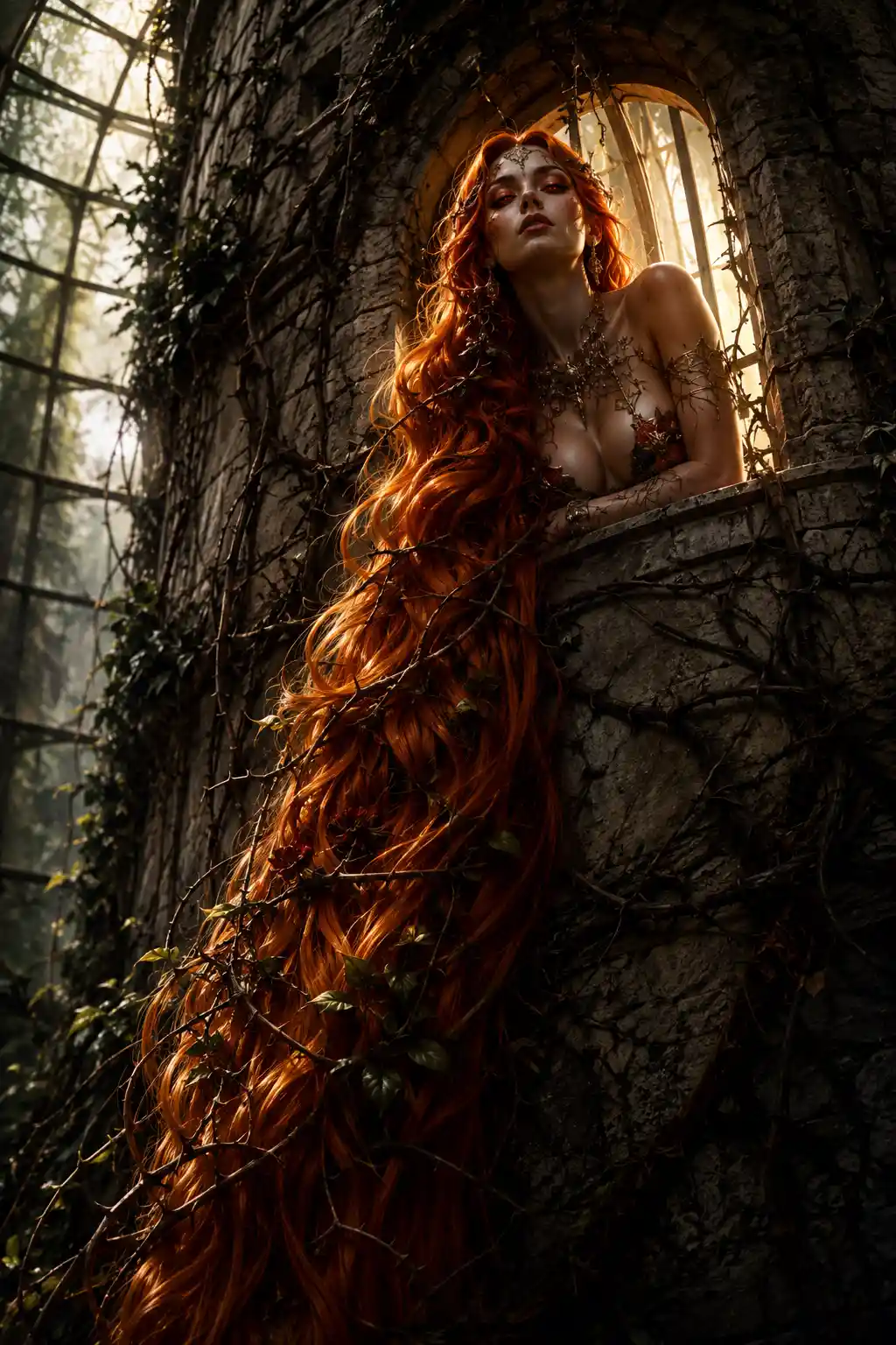 Demonic Rapunzel With Fiery Hair In Overgrown Tower