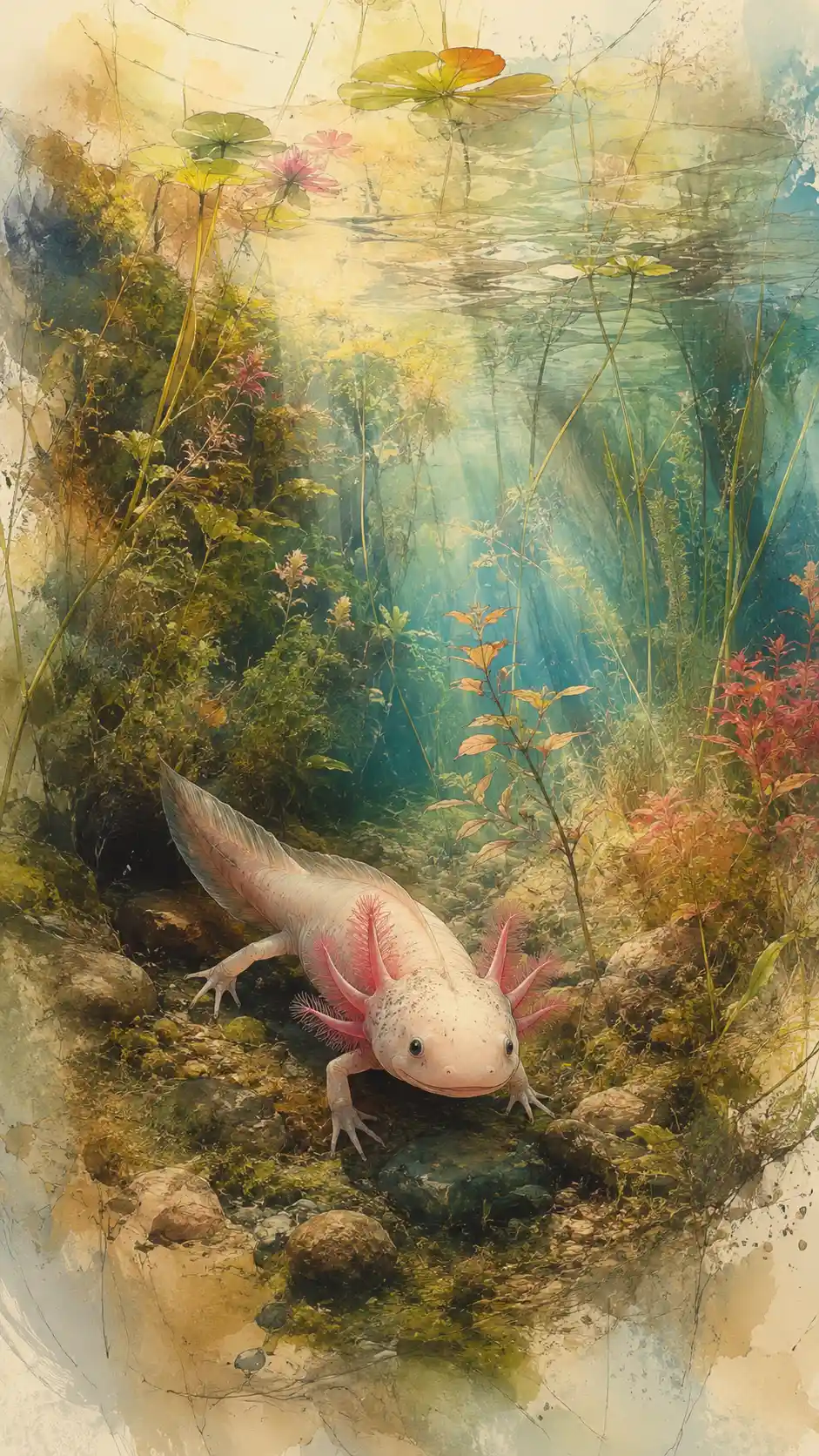 Axolotl In A Colorful Natural Habitat Airbrush Illustration