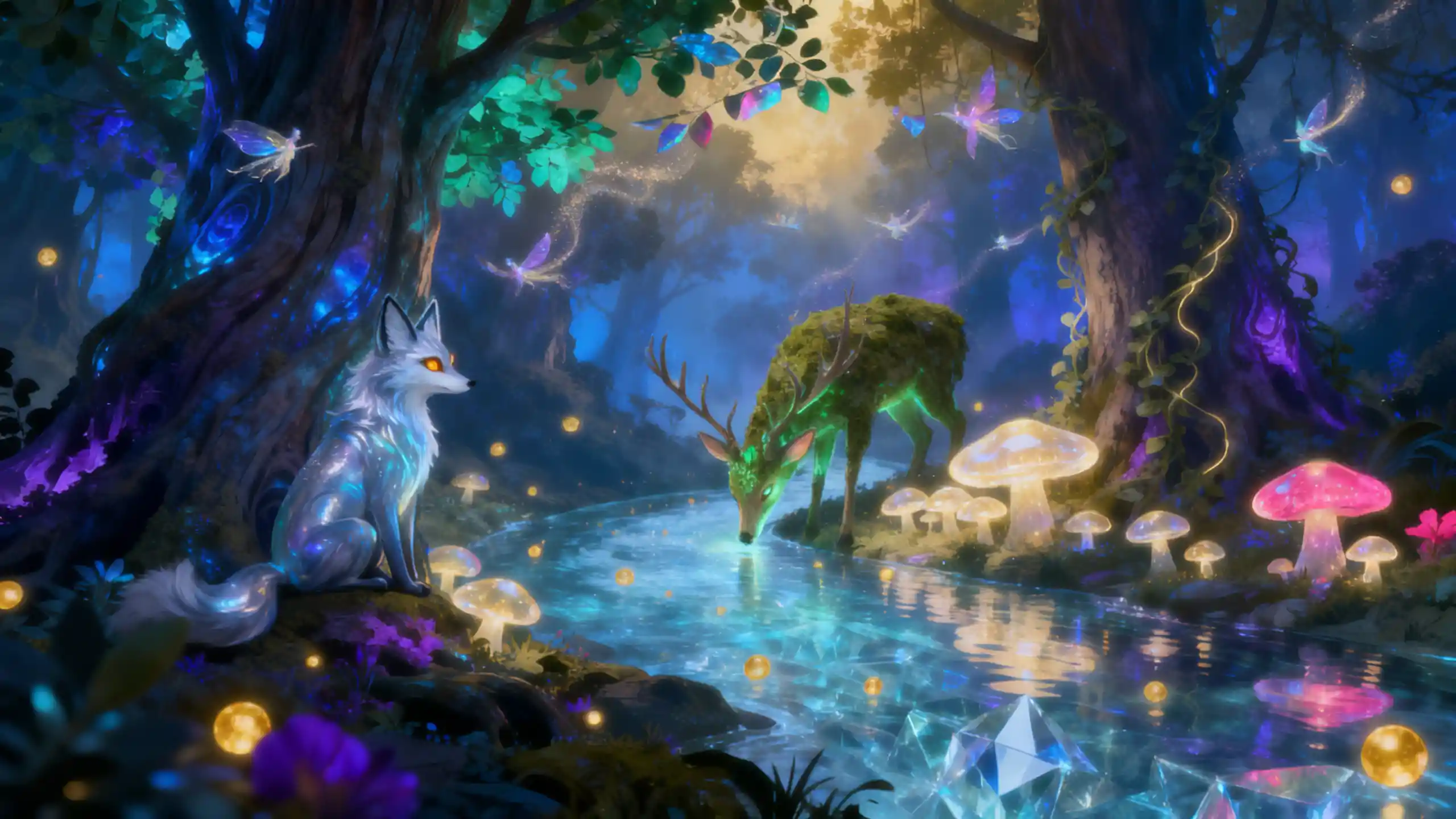 Enchanted Bioluminescent Forest With Mystical Creatures