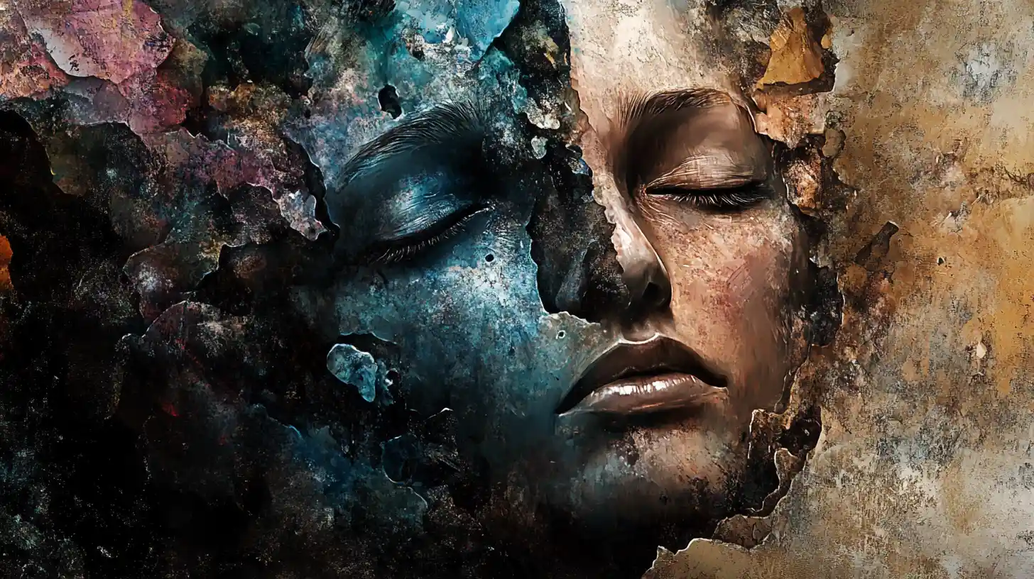 Fragmented surreal portrait in abstract jewel toned space