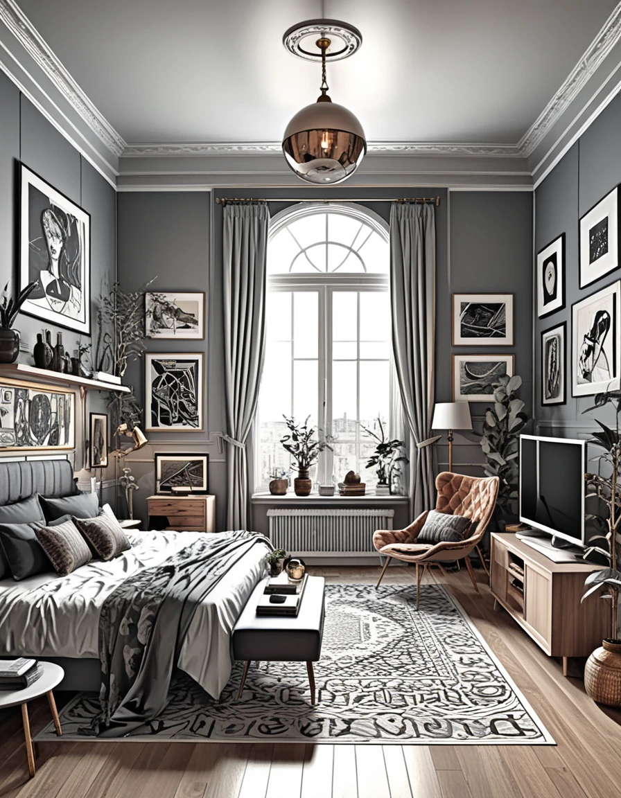 Moody 3D interior illustration of an eclectic living room