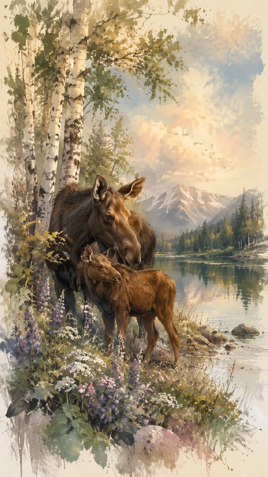 Alce madre e cucciolo presso un tranquillo lago nella foresta