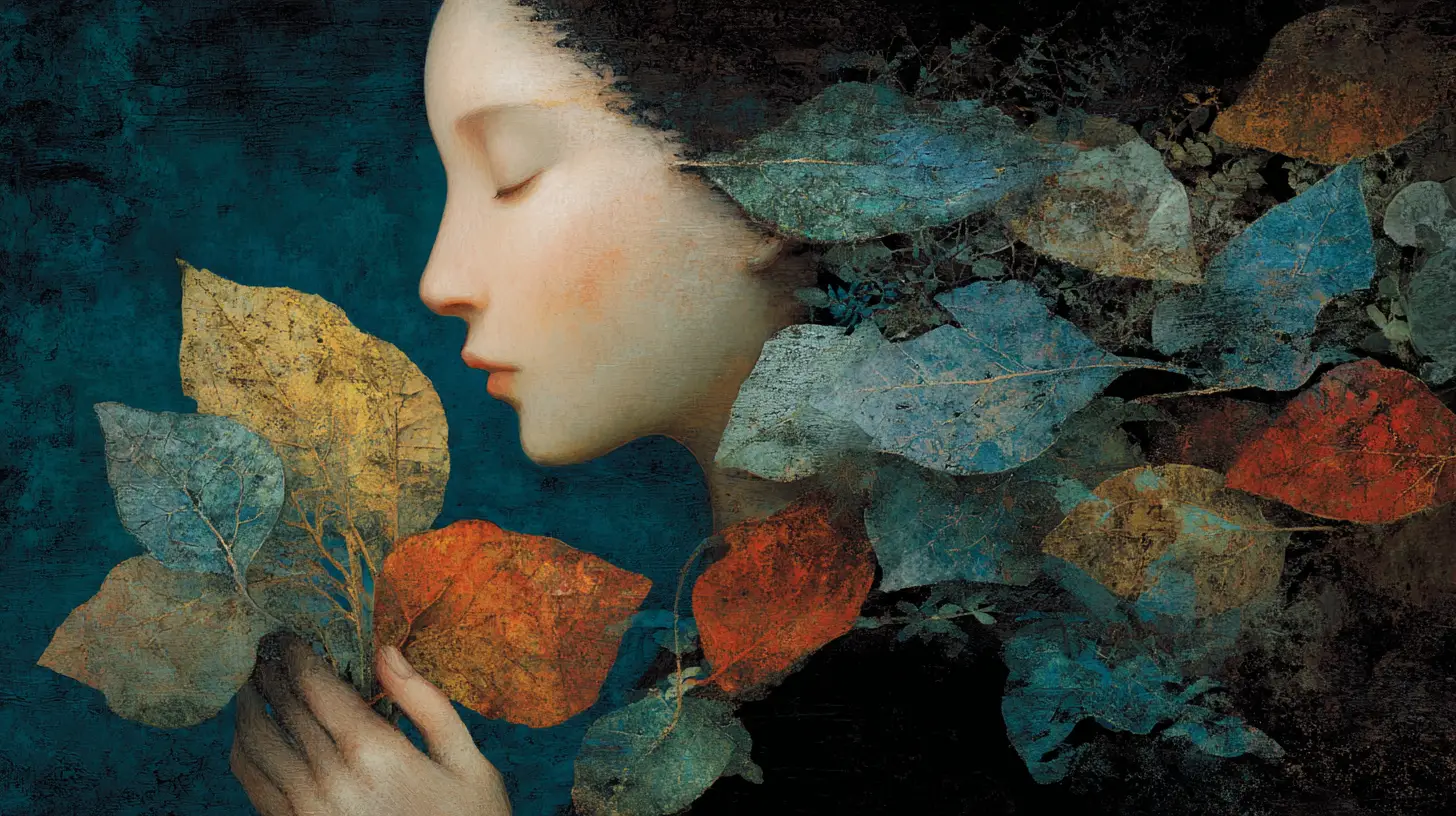 Melancholic surreal figure in rich indigo and turquoise colors