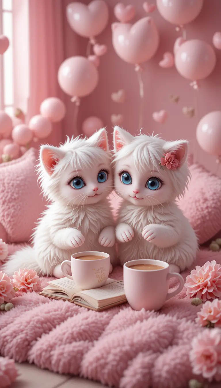 Two fluffy white kittens reading together on pink bedding