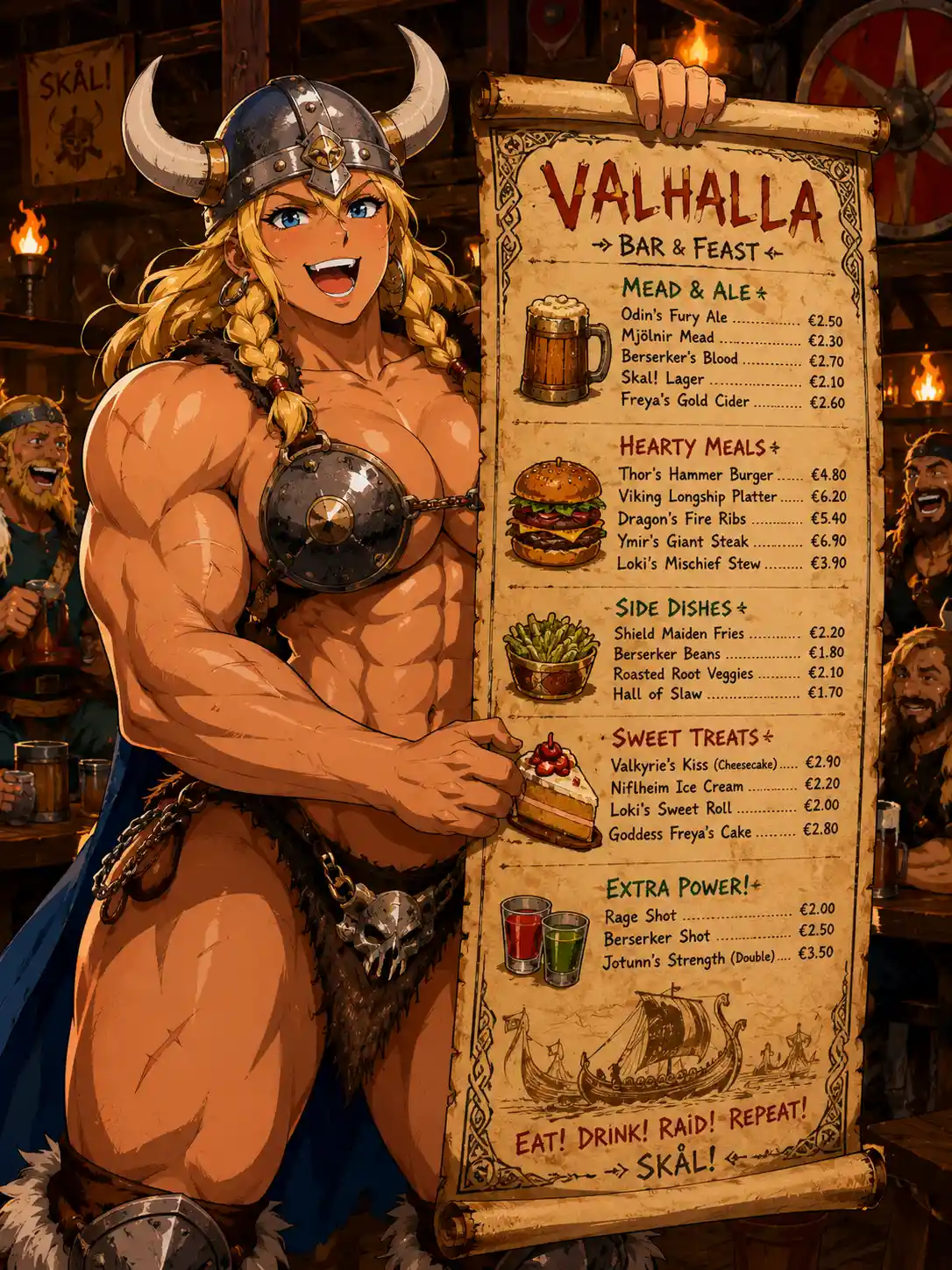 Viking warrior woman presenting a playful anime style bar menu