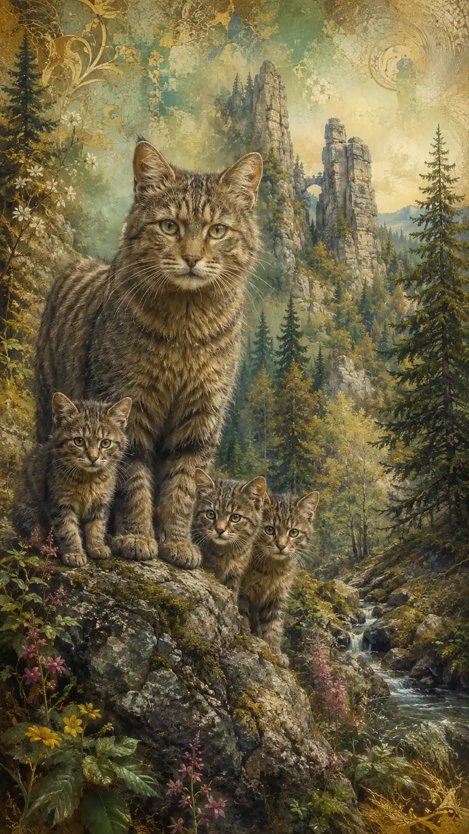 Wildcat mother with three kittens on rocky harz cliff