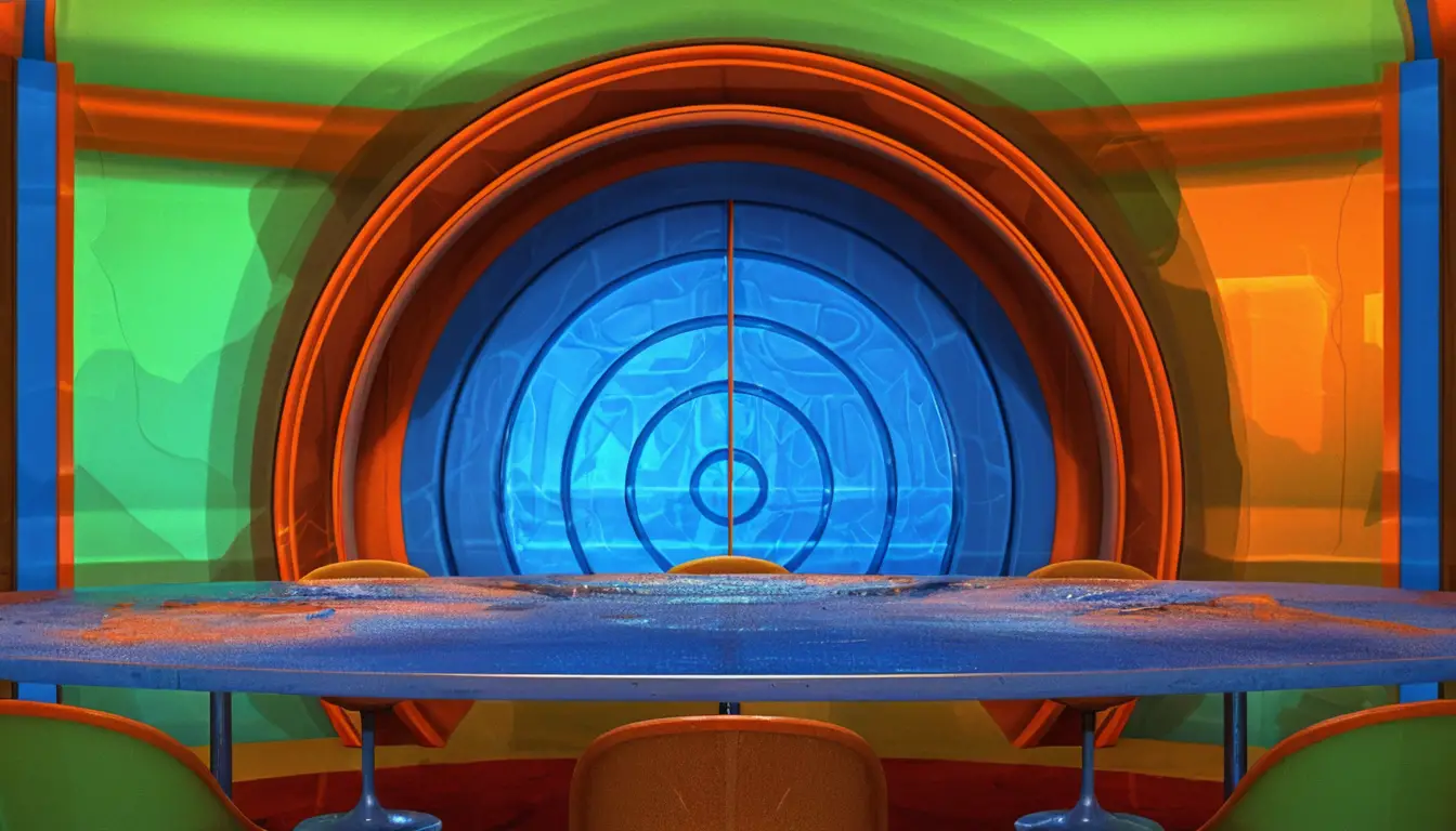 Retro futuristic tv studio with blue table and orange chairs