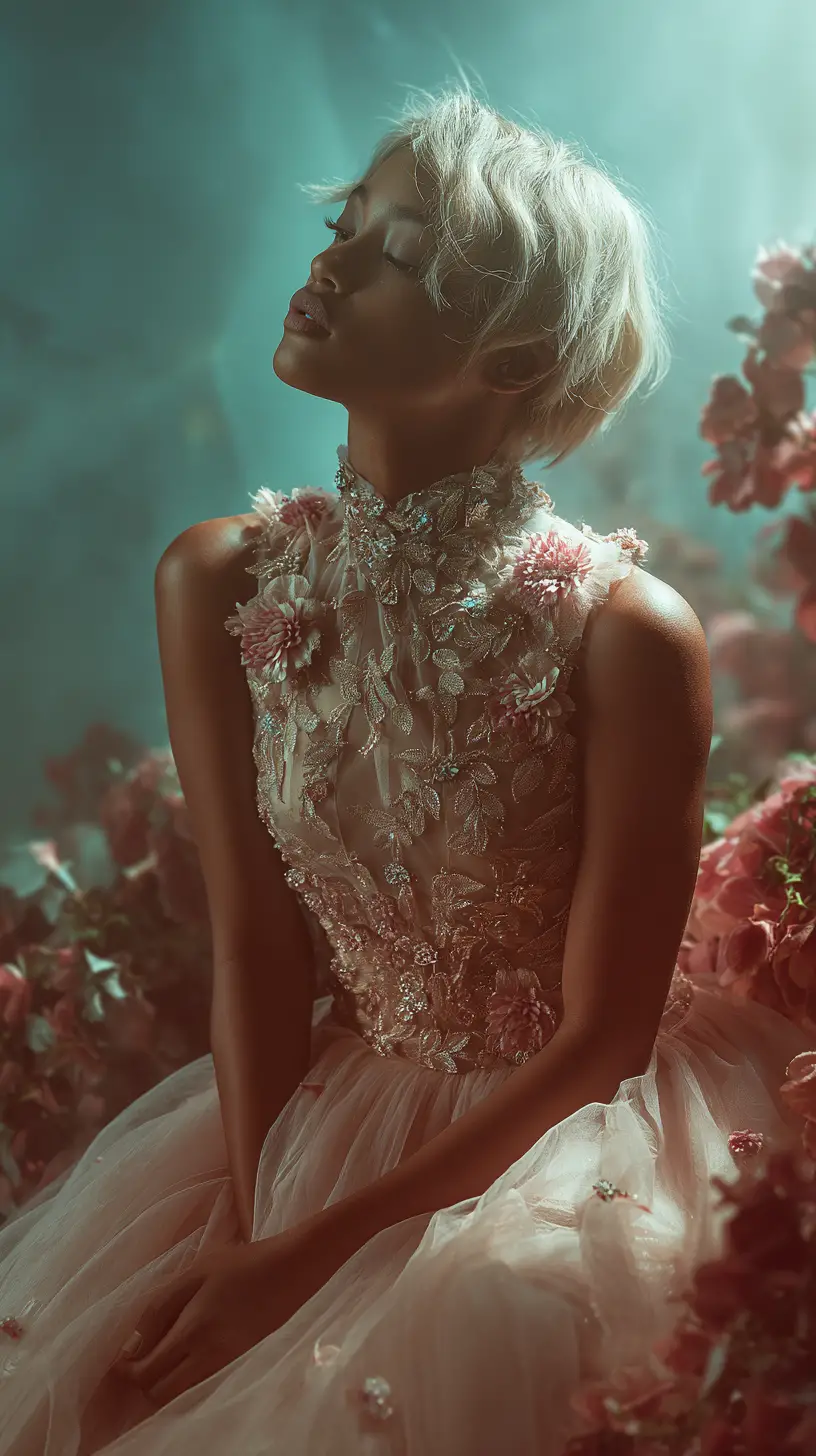 Elegant fashion woman in pink couture gown