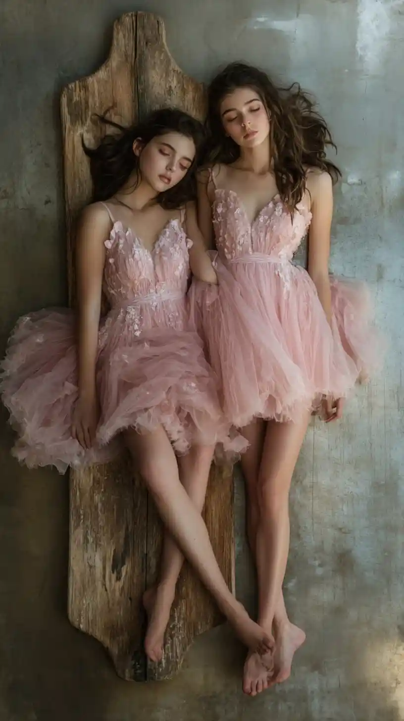 Two young women in matching pink dresses in surreal studio scene