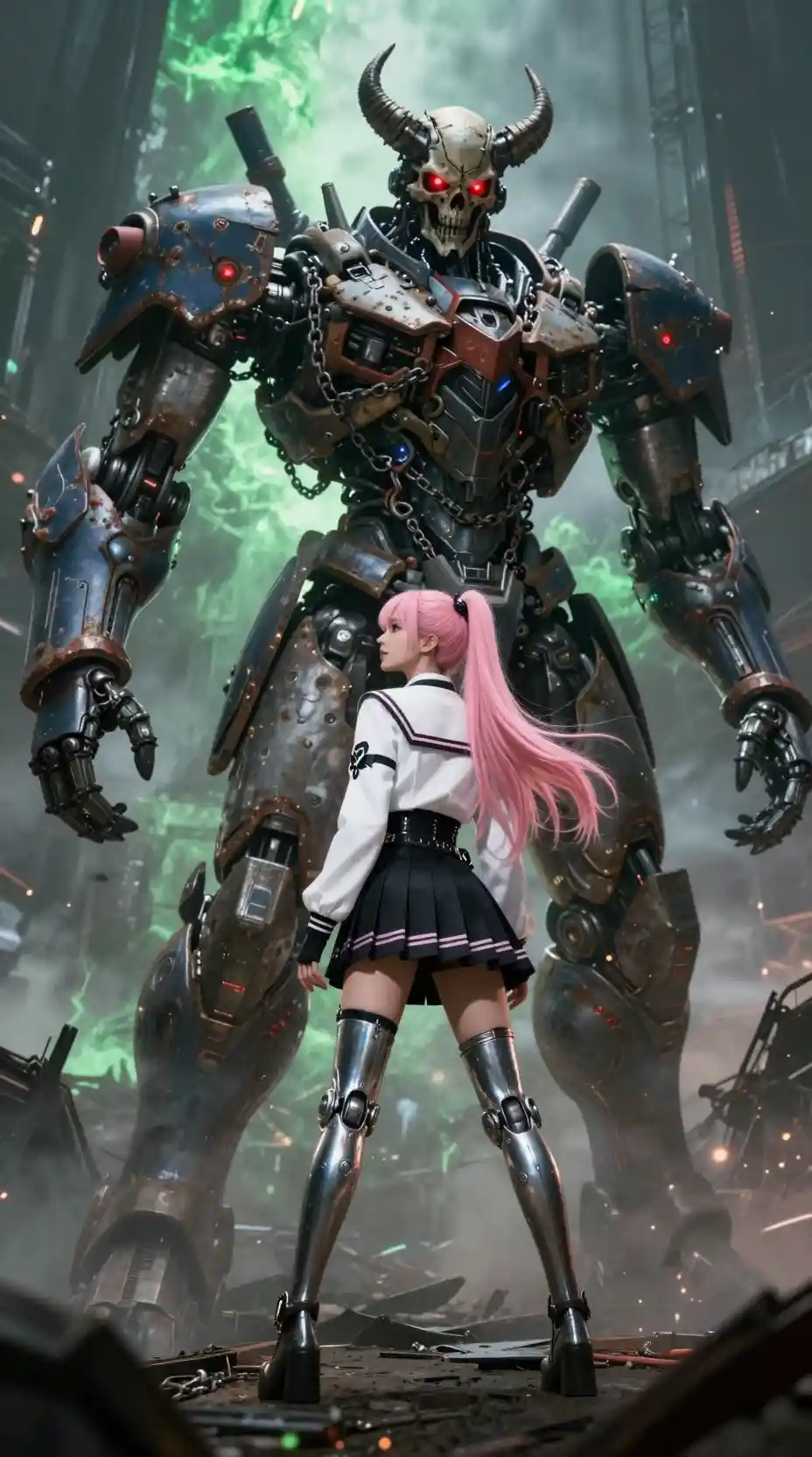 Cyberpunk schoolgirl faces towering demonic mecha