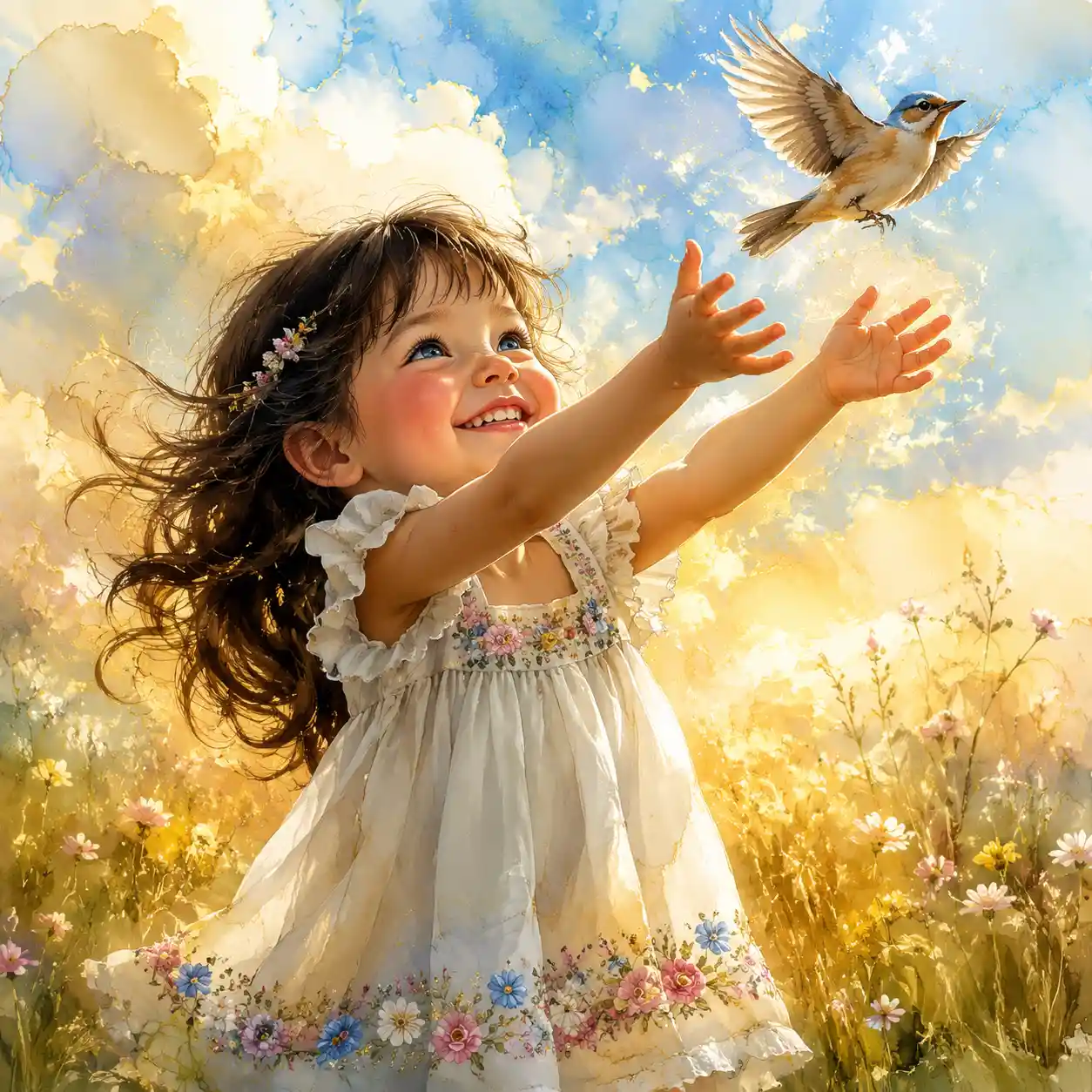 Smiling girl reaching for a bird in a golden field