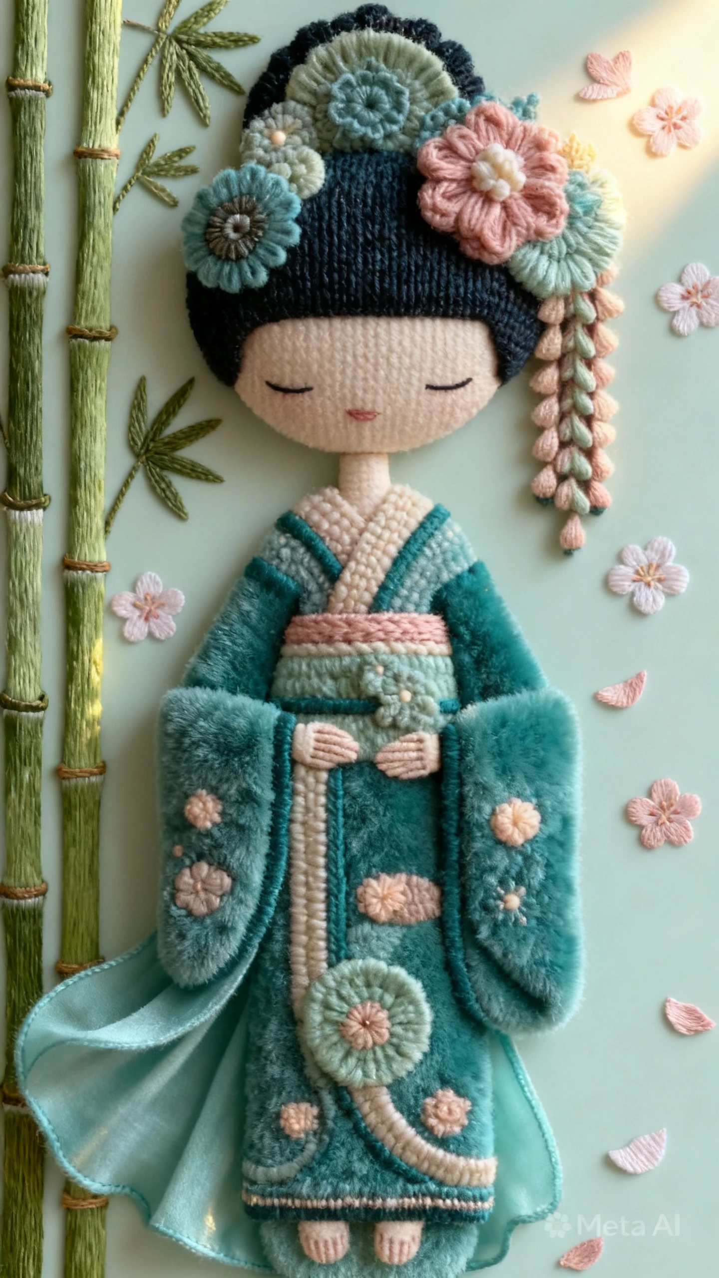 Pastel geisha figure on a soft zen abstract backdrop