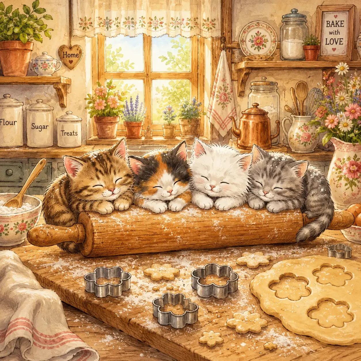 Four cute kittens resting on a rolling pin in flour