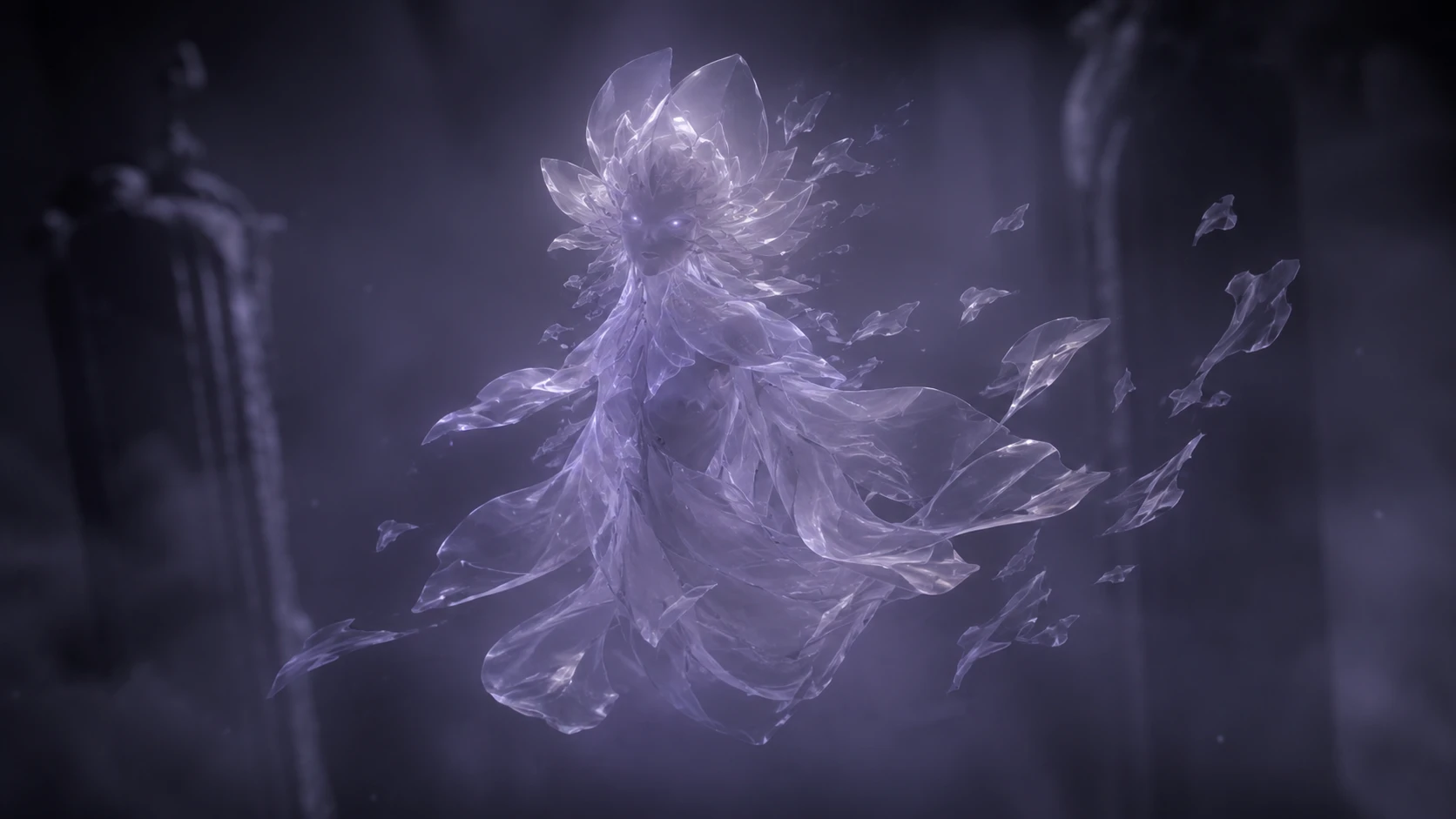 Translucent spirit of glass petals drifting in dim violet haze