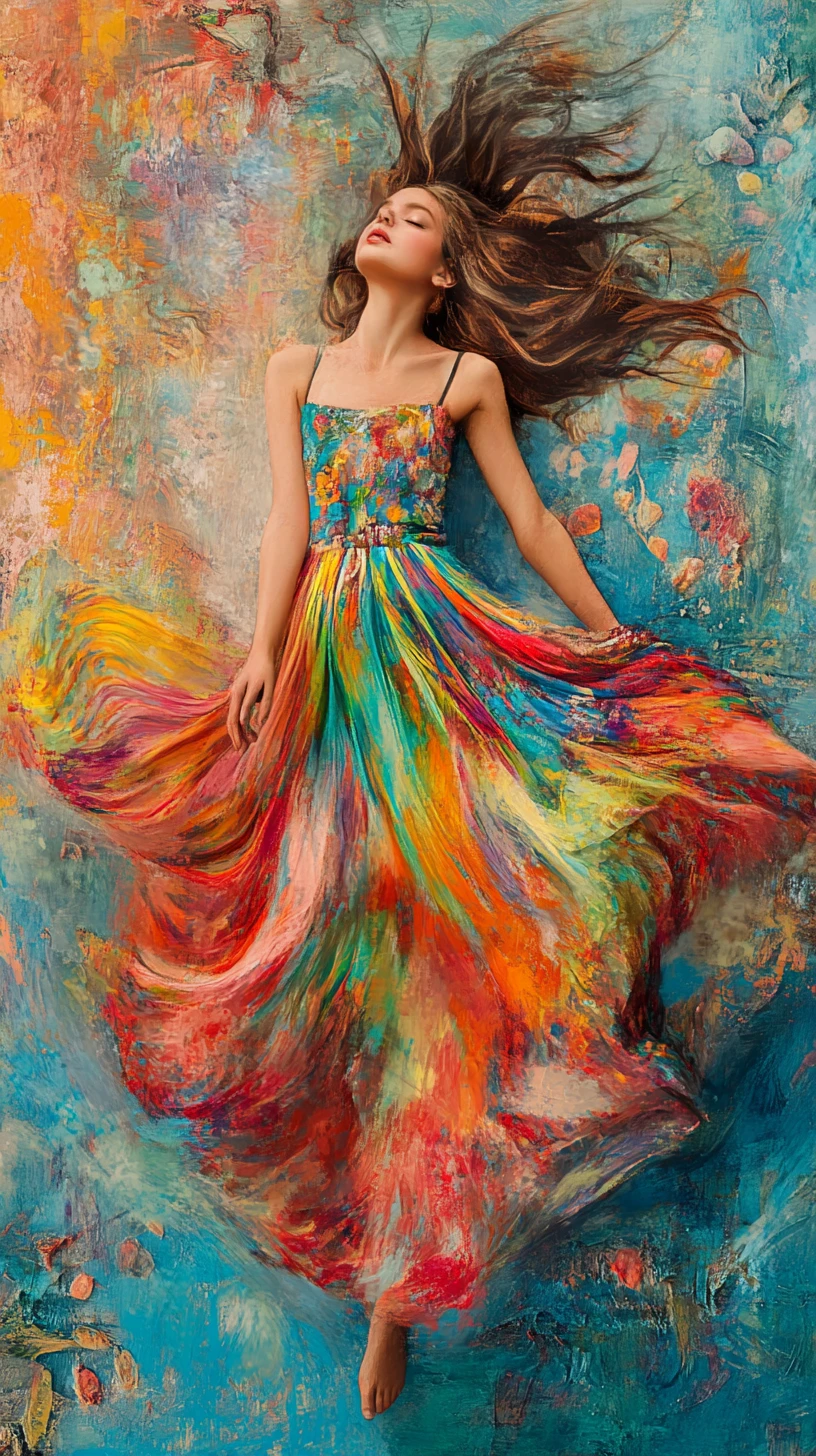 Joyful young girl flying in a colorful flowing dress
