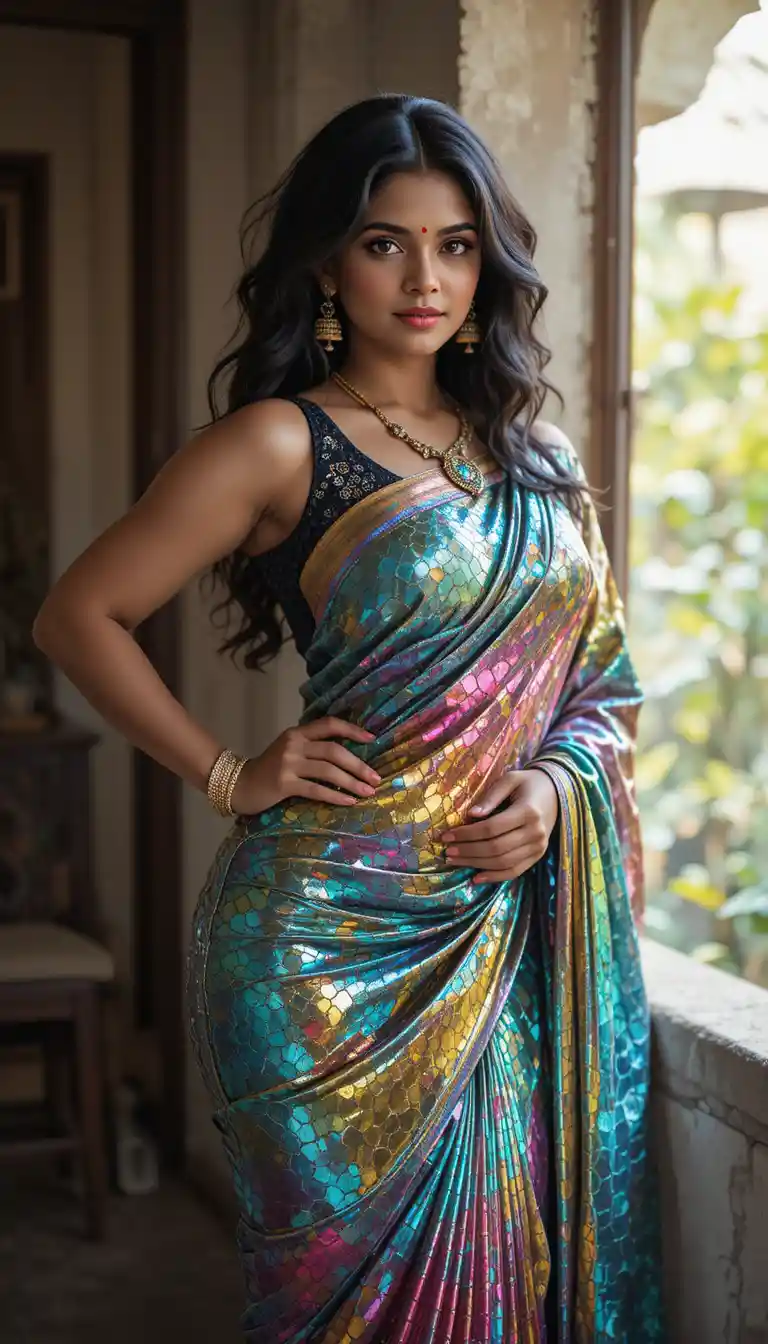 Indian woman in glossy mirror saree leaning and posing indoors