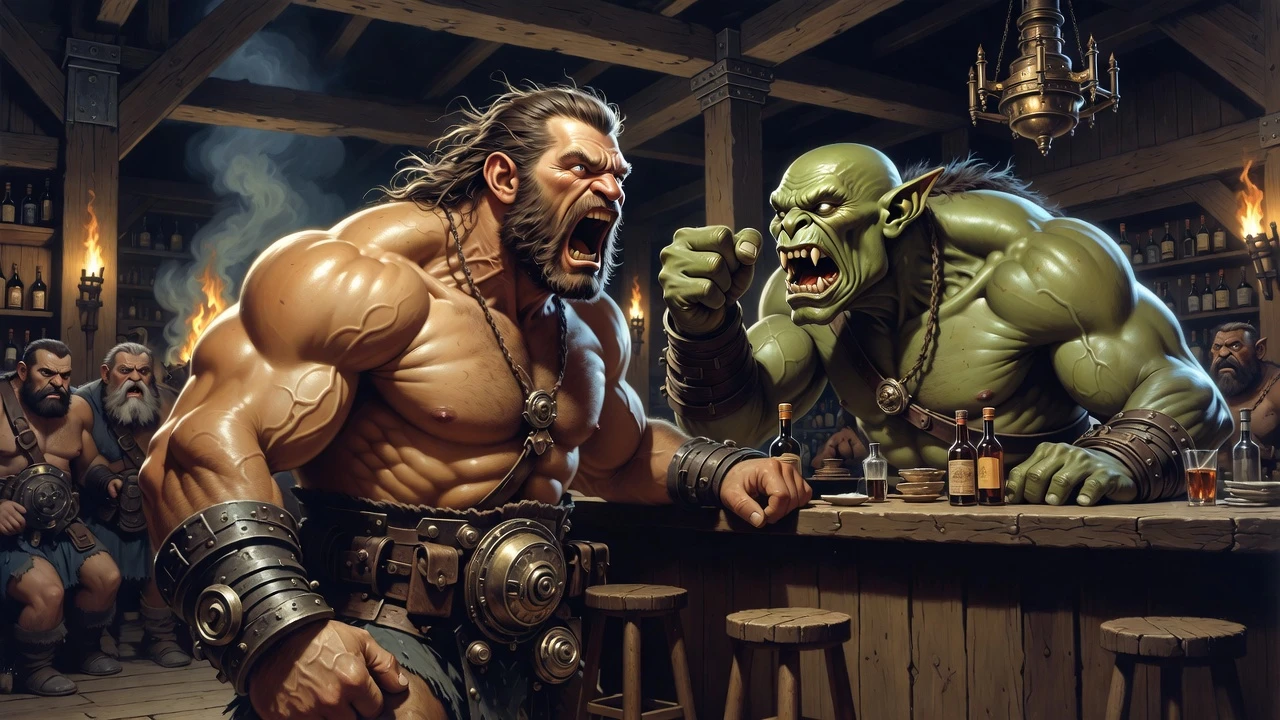 Barbarian warrior shouting at orc in rustic tavern