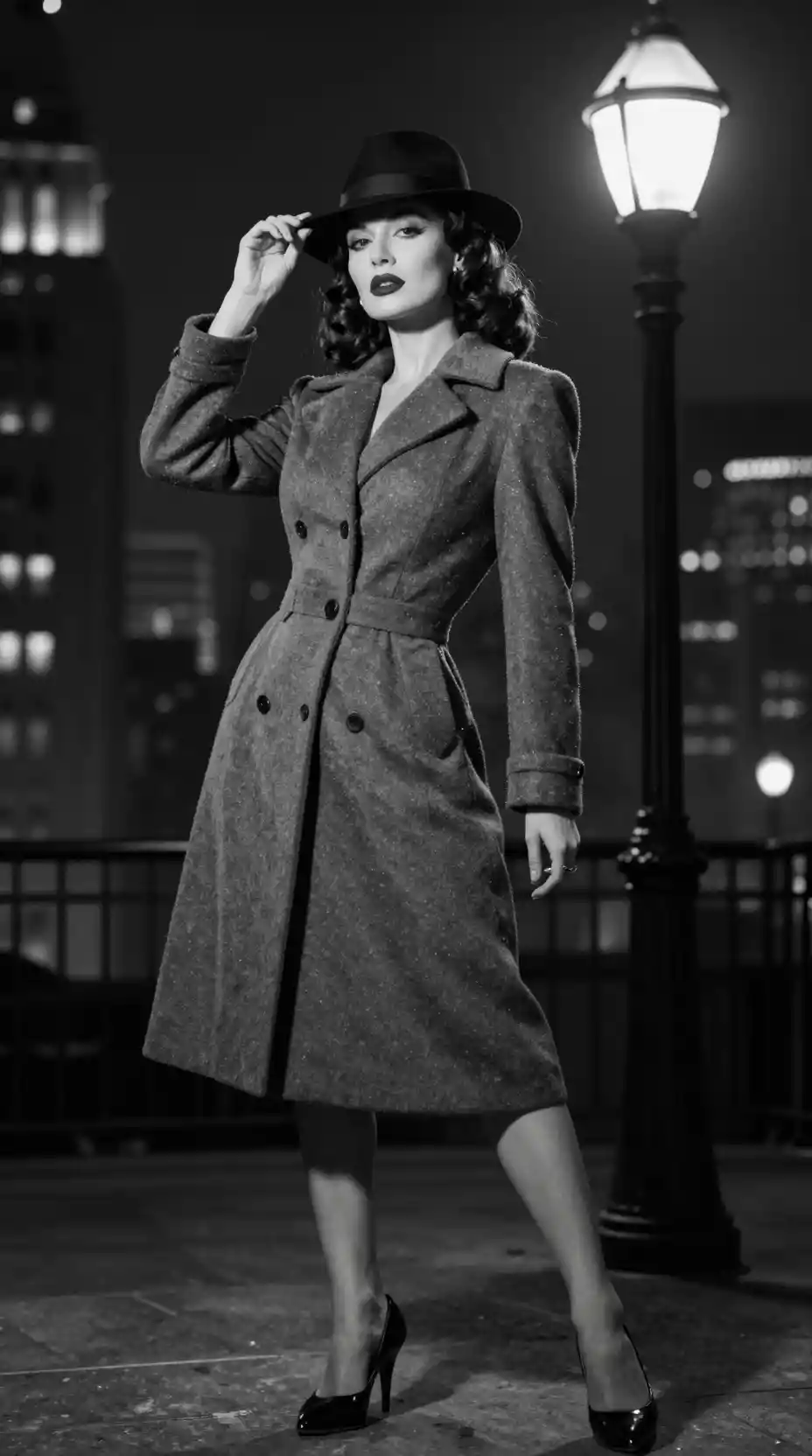 Noir femme fatale posing under a glowing streetlamp