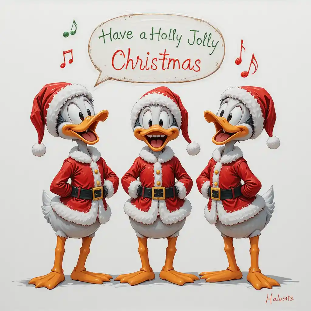 Three cartoon ducks sing in festive santa costumes