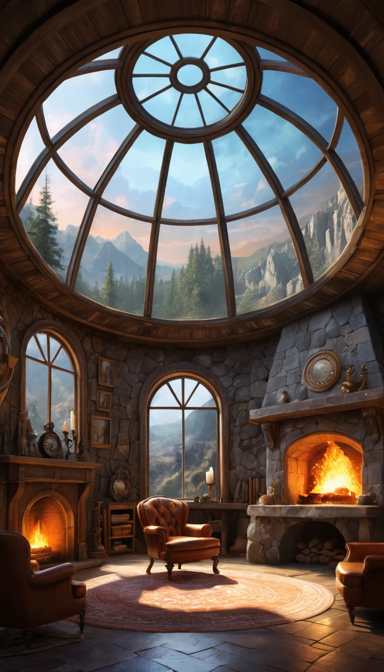 Cozy stone room with fireplace and single armchair