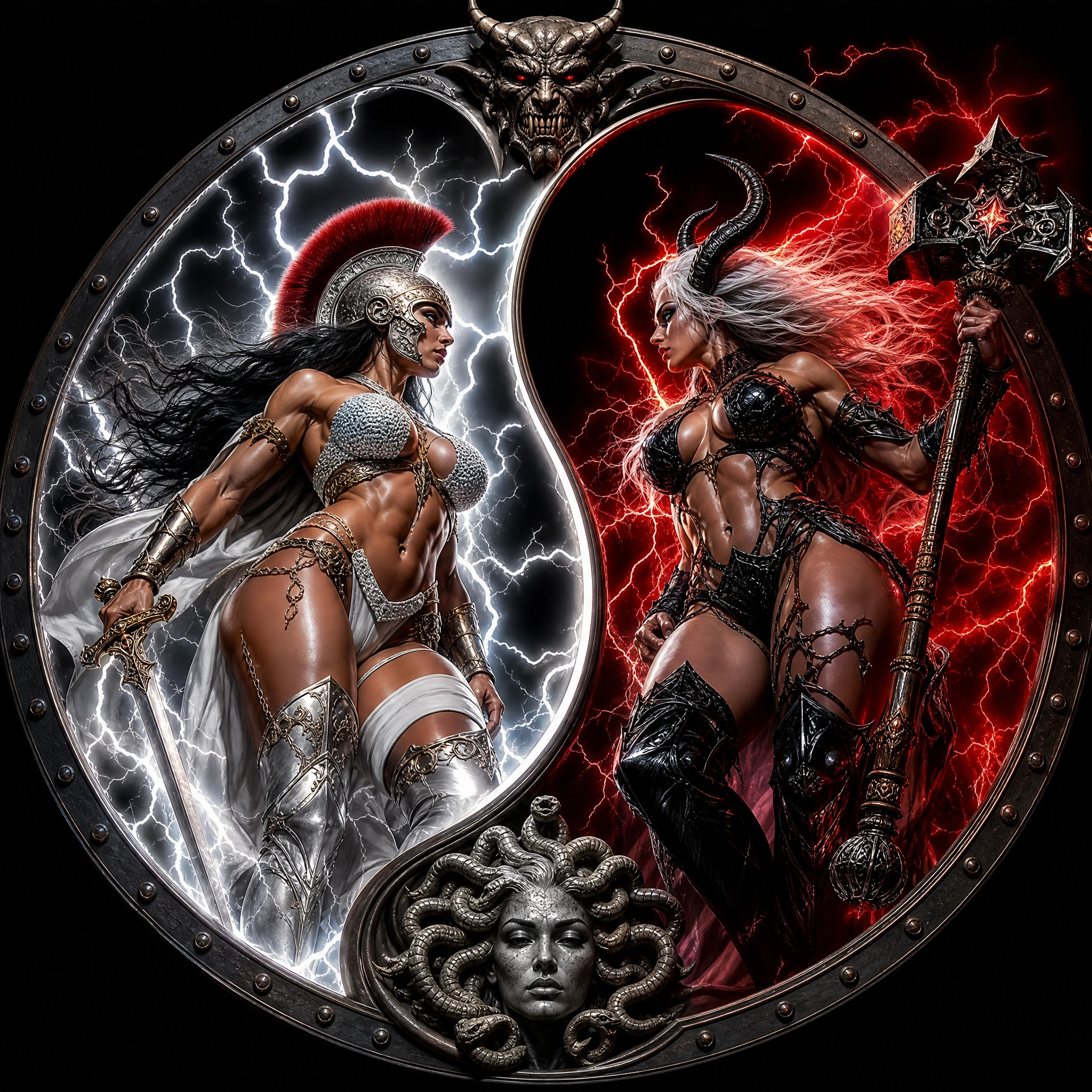 Yin yang warriors of light and shadow in battle poise