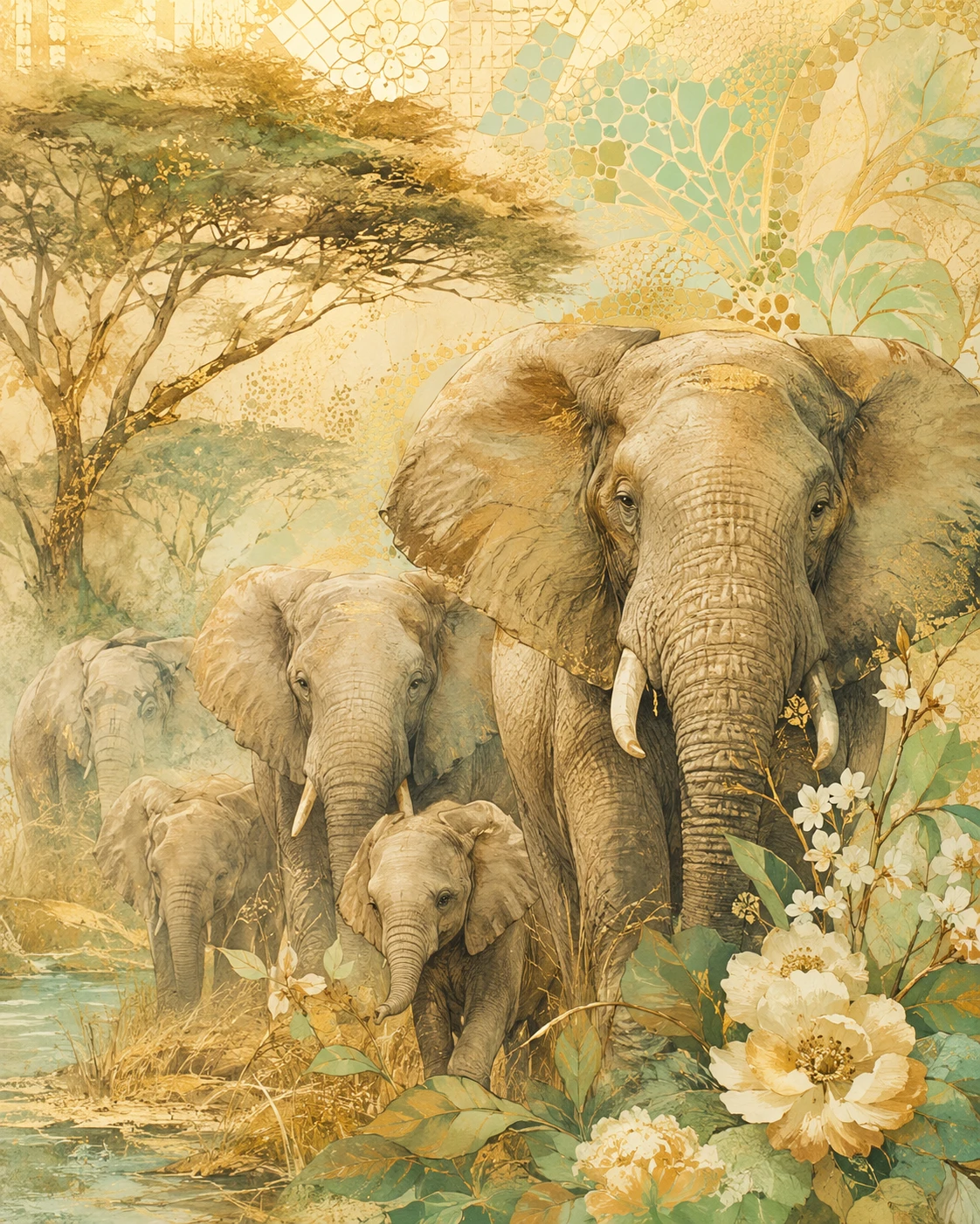 Elephant herd in the African savanna with artistic mosaics