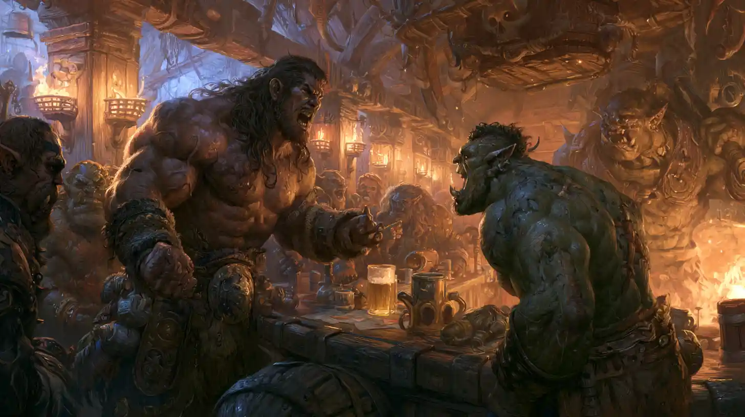 Barbarian Confronts Orc In Torchlit Fantasy Tavern