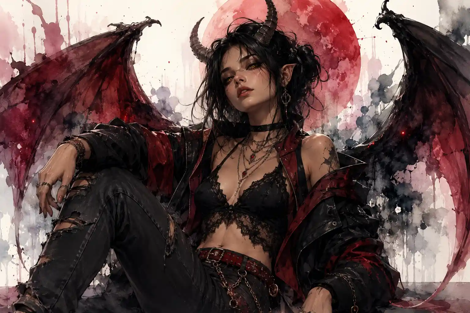 Stylish horned demon woman with black wings and glowing eyes