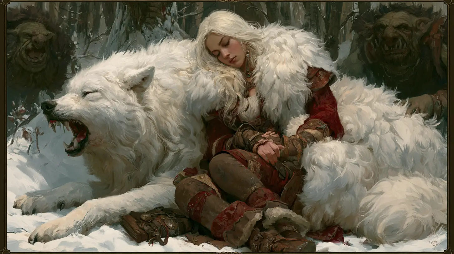Fantasy princess resting with dire wolf in snowy forest