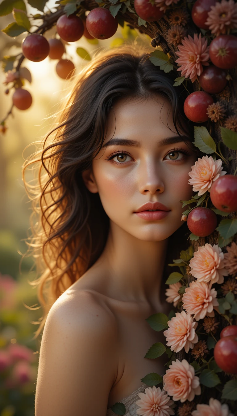 Serene young woman in a luminous fantasy eden garden