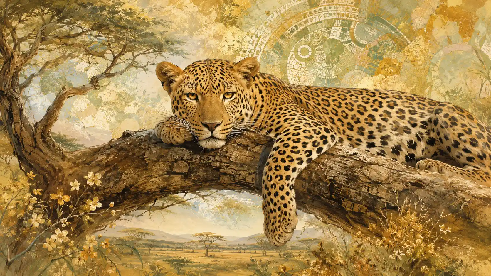 Leopard resting on acacia branch in vibrant african landscape