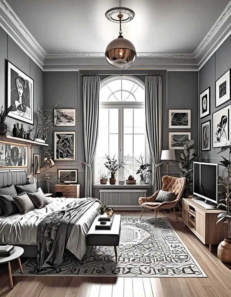 Moody 3D interior illustration of an eclectic living room