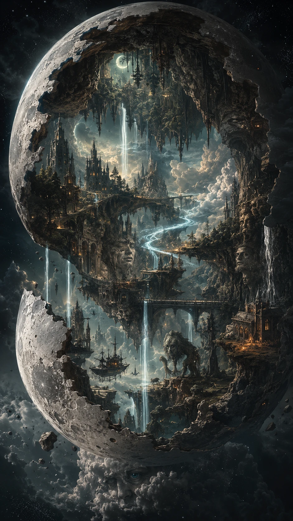 Fractured moon revealing an enchanted world within
