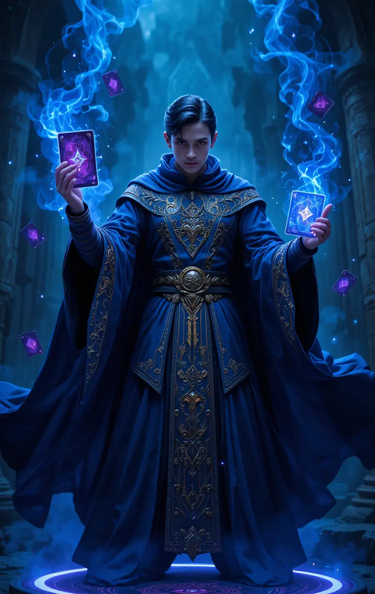 Fantasy card magician in medieval dress with flying cards