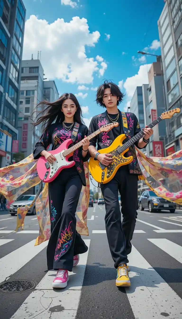 Stylish rock couple crossing a busy Japanese city street