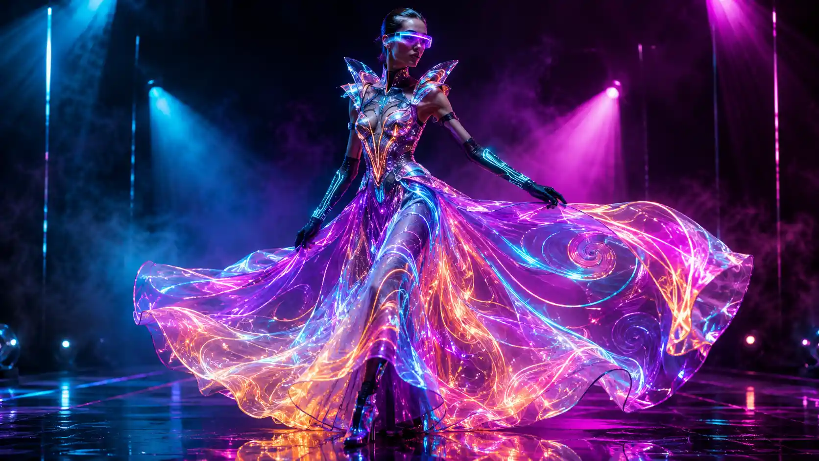 Cyber fashion model in glowing holographic neon gown