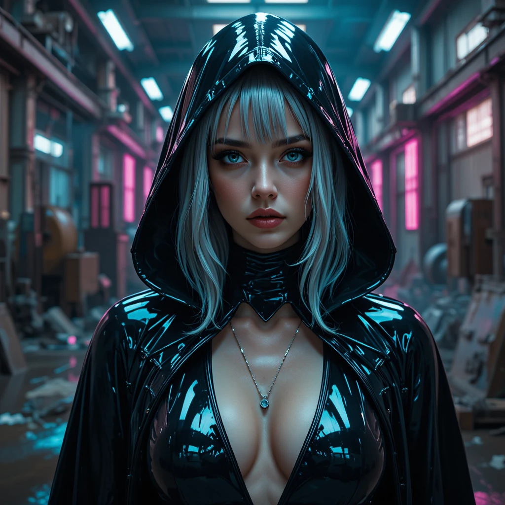 Cyberpunk woman in latex cloak under neon factory lights