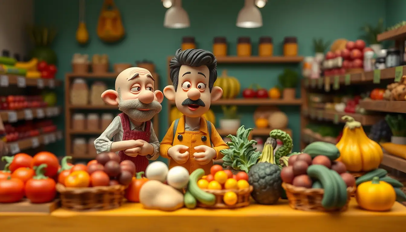 Claymation fruit and vegetable shopkeeper in a small store