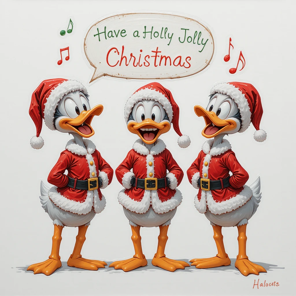 Three cartoon ducks sing in festive santa costumes