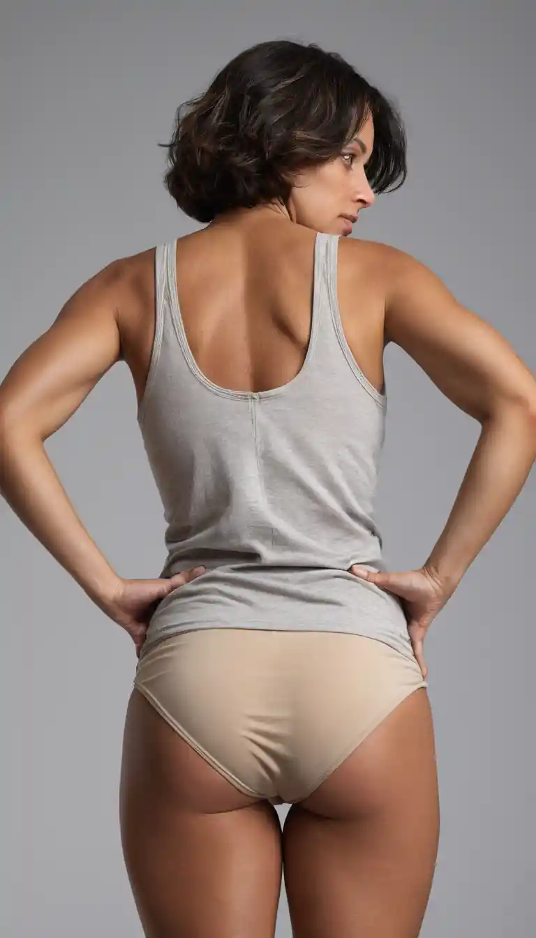 Low angle portrait of a woman in underwear and tank top